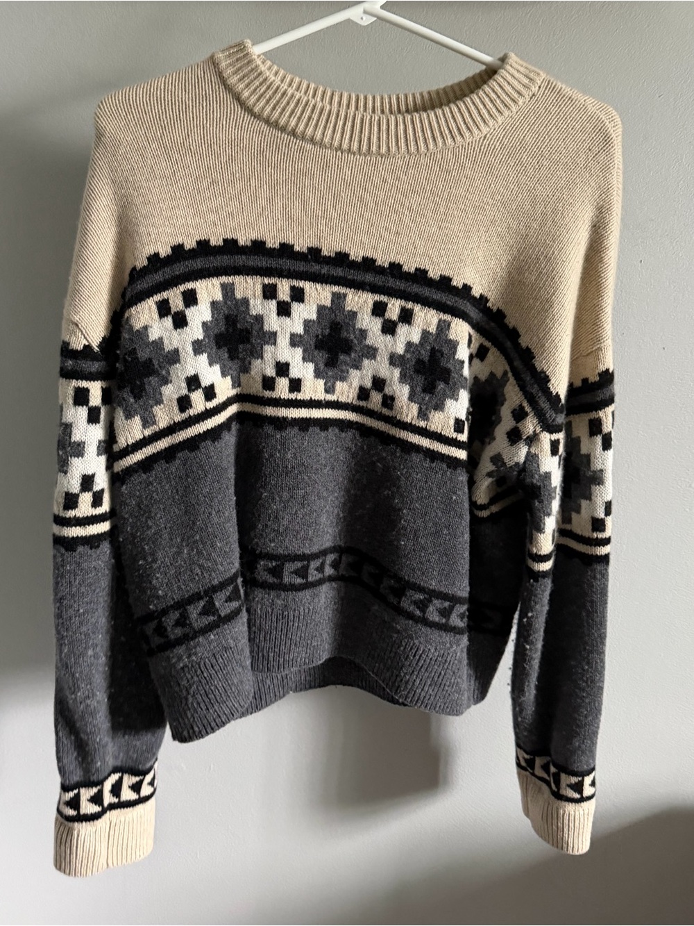 Rails Beige and Gray Nordic-Pattern Crewneck Sweater